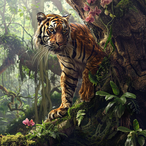A Sumatran tiger climbs a large ancient tree