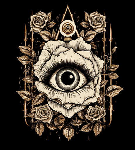 Symbol with black and white design featuring the all-seeing eye and roses