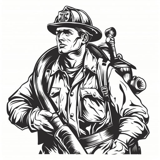 Stylish flat tattoo sketch of a firefighter with vintage fire hose
