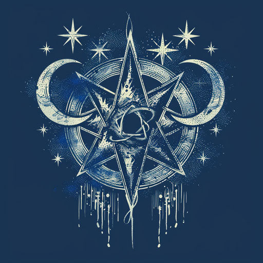 Mystical sketch of an anarchy symbol with celestial bodies, clipart style, midnight blue