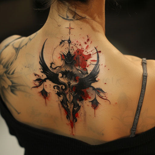 Neck tattoos for women in the style of Gerald Brom with dark fairies