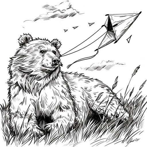 Whimsical brown bear flying a kite in a grassy field