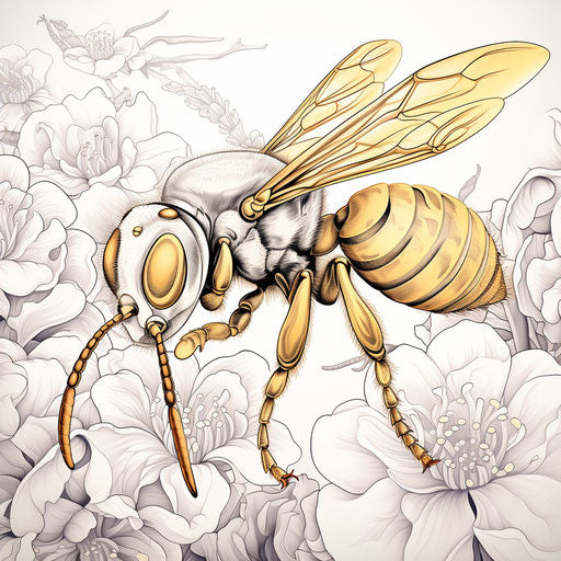 Wasp coloring page with details, dark white and yellow style
