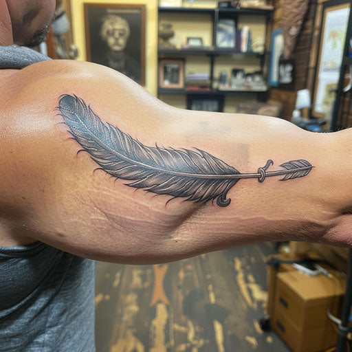 Bicep tattoo of a feather and arrow, Steve McNiven style