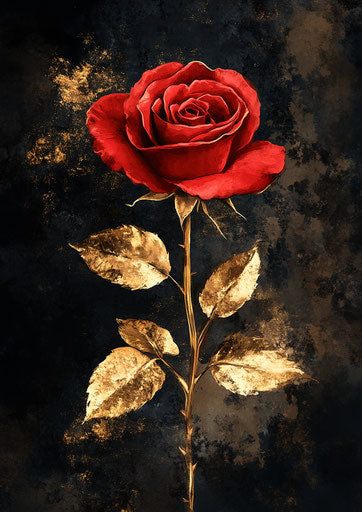 Red rose with golden leaves, romance and elegance