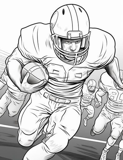Football players coloring pages, comic art style, realistic renderings of human form
