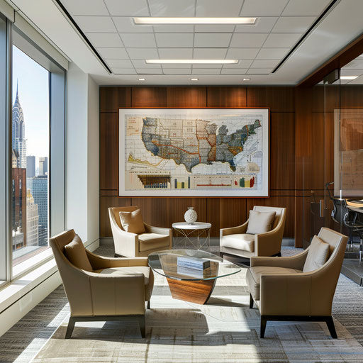 Sophisticated office with modern decor and financial charts