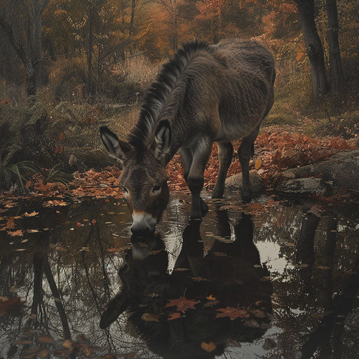 Donkey drinking from a tranquil pond with autumn leaves