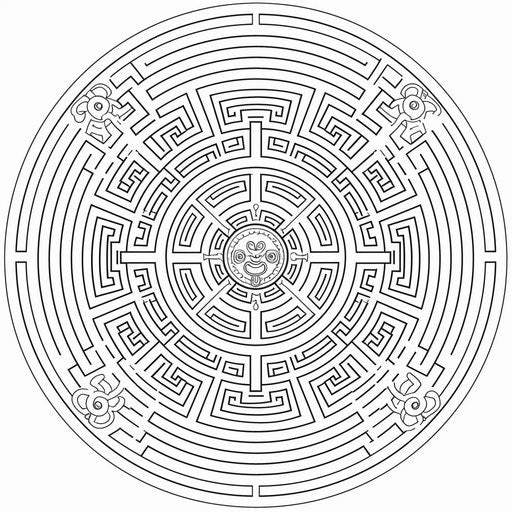 Whimsical circular maze with cartoon character