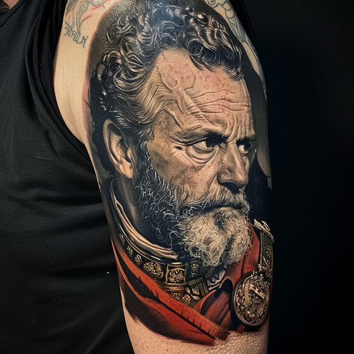 Realistic portrait tattoo of a historical figure, David Palumbo style