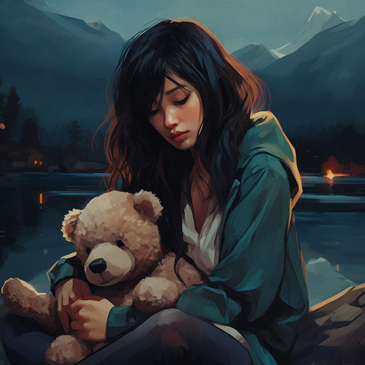 Baby crying over teddy bear with lake in background