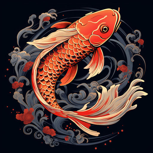 Koi fish design and illustration, pop art style graphics, light gray and dark amber, light bronze and red, emphasizes emotion over realism, elegant inking techniques