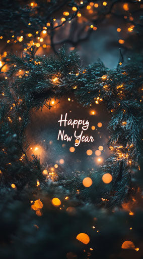 Cursive New Year text surrounded by twinkling lights