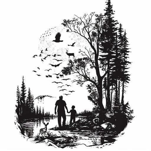Father and son in forest with nature and wildlife elements