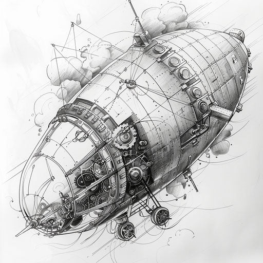Steampunk tattoo sketch of an airship with gears and cogs