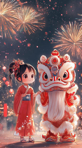 Red and white anthropomorphic snake and lion dancer girl