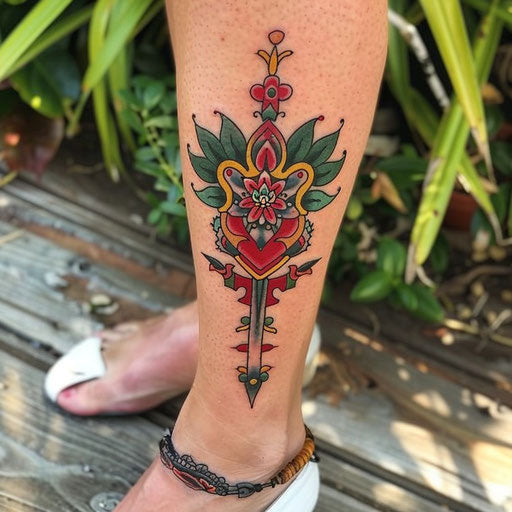 Ankle tattoos in the style of Ed Hardy with a traditional heart and dagger