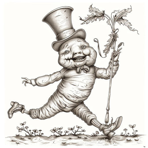 Whimsical carrot dancing with a top hat and cane