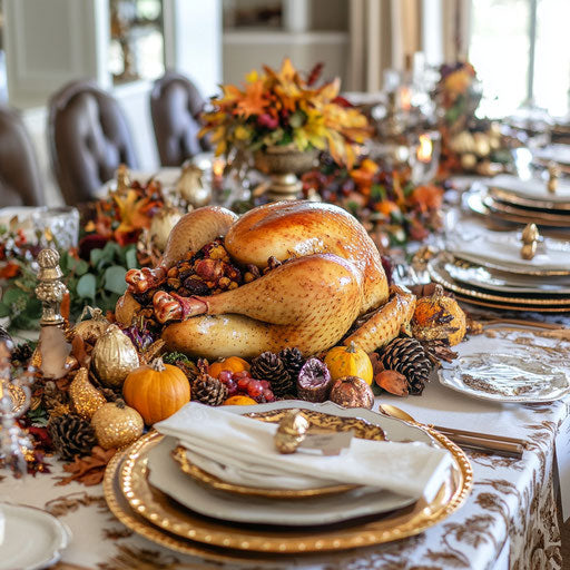 Thanksgiving table with golden turkey and autumn decor
