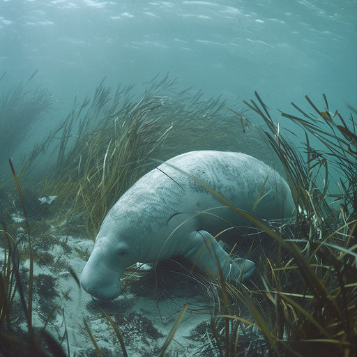 Dugong among rocks and seagrass, in the style of Vincent Munier