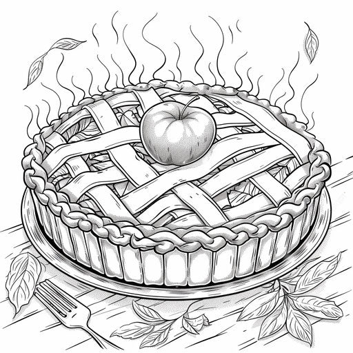 Apple pie with lattice crust and steam rising, coloring book page