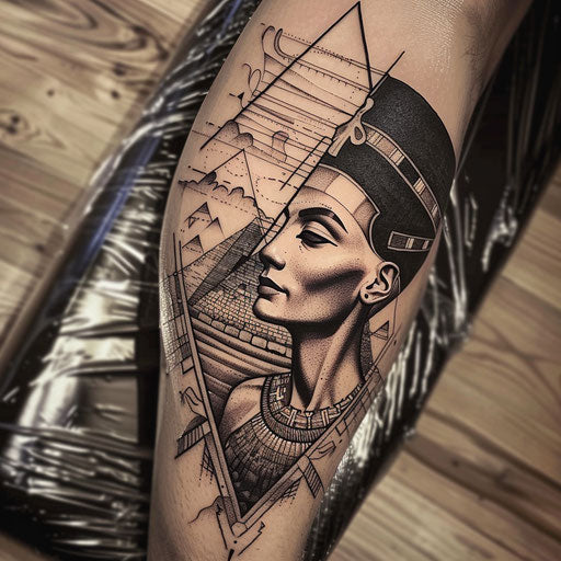 Flat tattoo sketch of Nefertiti with the pyramids at dusk