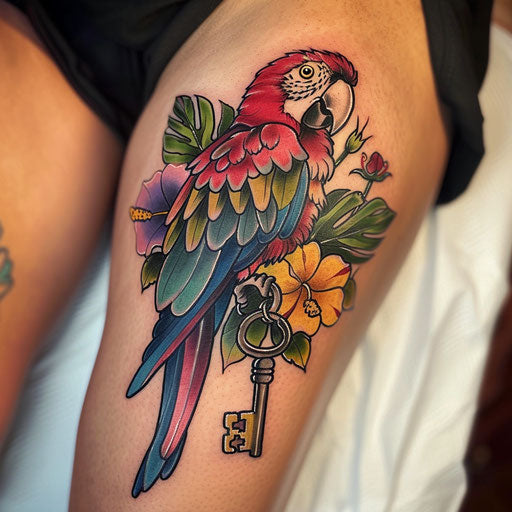 Pirate parrot with key tattoo and flowers