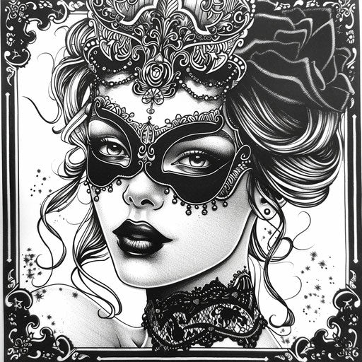 Glamorous and spooky masquerade ball a la Megan Hess, coloring page