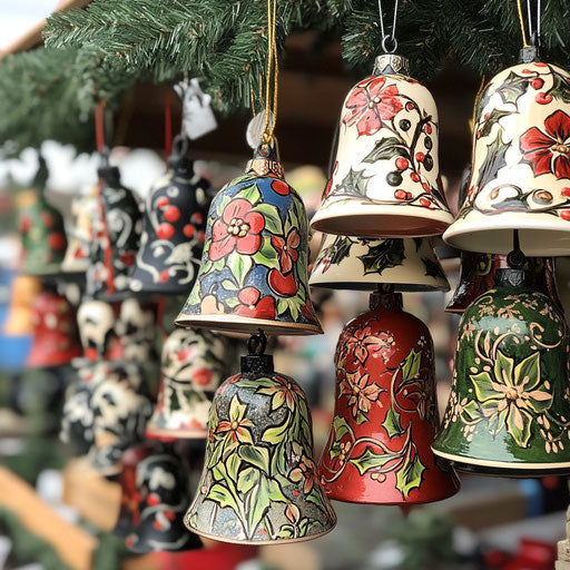 Outdoor Christmas market booth selling hand-painted Christmas bells