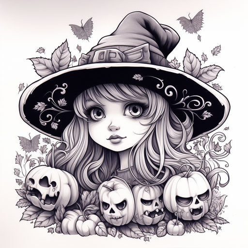 Black and white coloring book with a cute girl in her hat with pumpkins