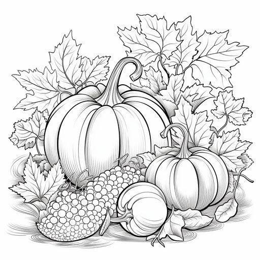Autumn themed adult coloring page with pumpkins and leaves