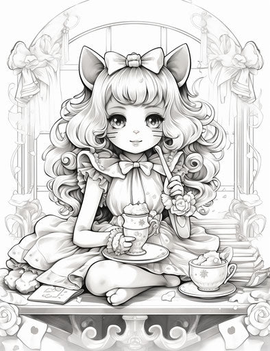 Girl sitting on white plate in kawaii chic style