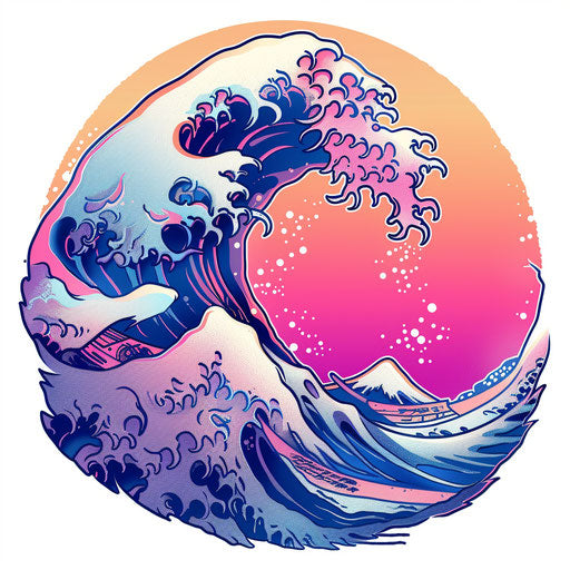 Flat clipart style sketch of a Japanese wave in front of a sunset with orange and pink hues