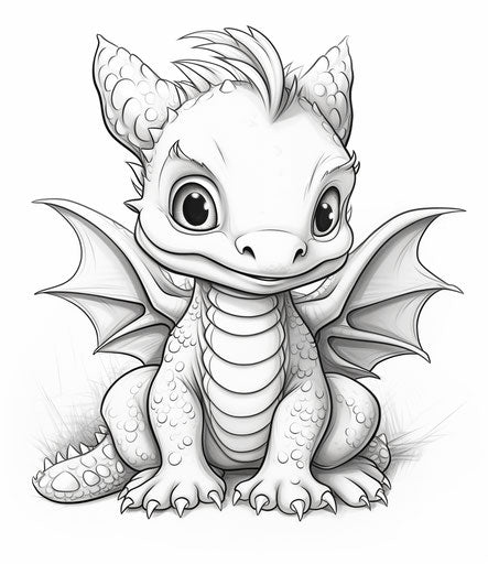 Coloring page of a cute baby dragon, Tiago Hoisel style