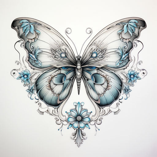 Butterfly drawn by black and white pencil, intricate floral style