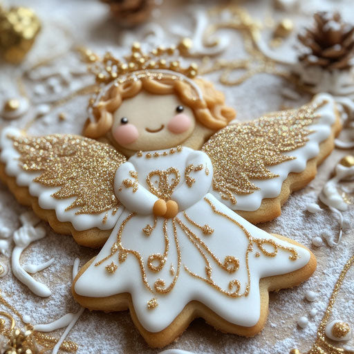 Christmas cookie decorated as delicate angel with golden icing