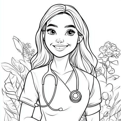 Cheerful nurse with stethoscope, Jen Bartel style, coloring page