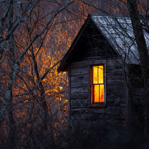 Dilapidated cabin glowing in a dark forest