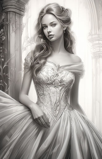 Princess in a dress, coloring book page and pencil, tapestry-like style