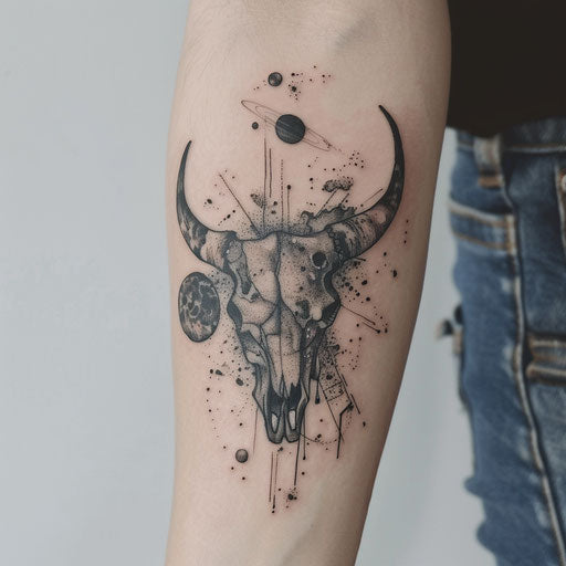 Surreal bull skull tattoo with space elements