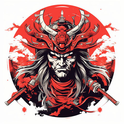 Samurai with two swords on red and white circular background
