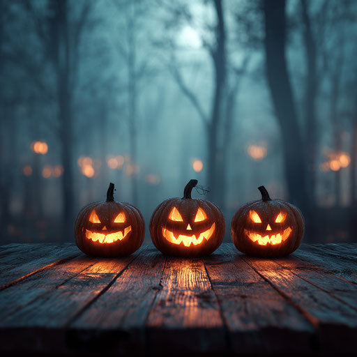Three Glowing Jack-o'-Lanterns on Rustic Wooden Surface