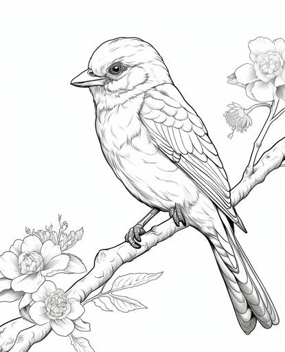 Bird on branch coloring page, stark contrast style