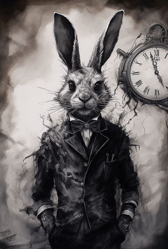 Rabbit in costume holding a clock, heavy inking style