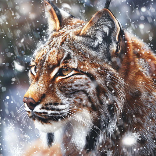Lynx in light snowfall, magical snowflakes adorning fur