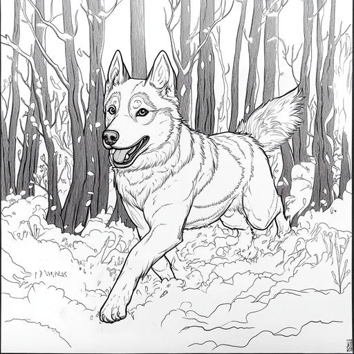 Husky running through a snowy forest, in the style of Teagan White, Coloring book page
