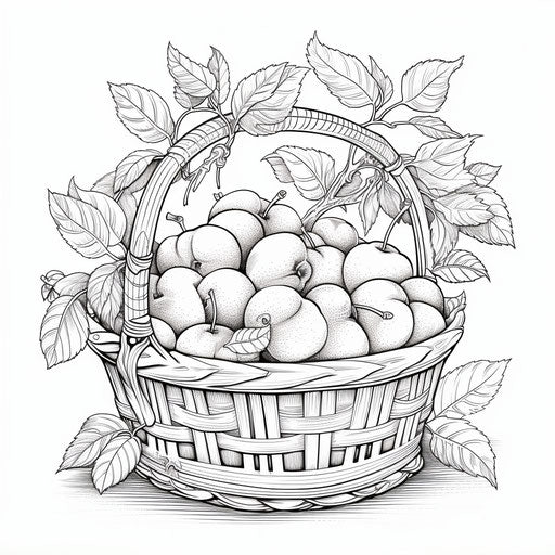 Coloring page of a white basket of apples, in the style of intricate foliage, exacting precision