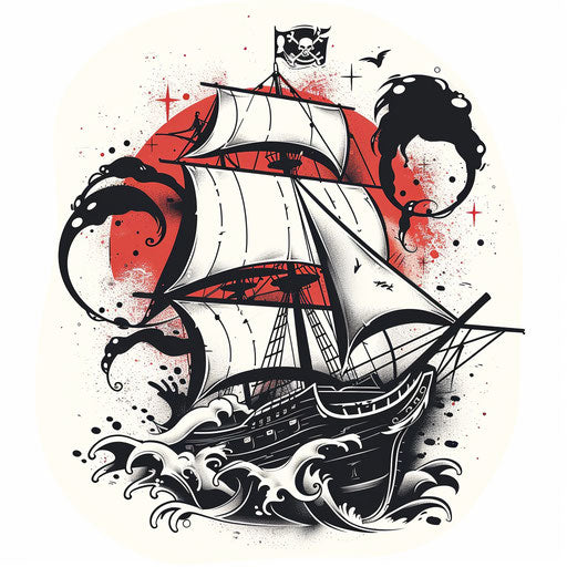Abstract tattoo sketch of pirate ship with minimalist style