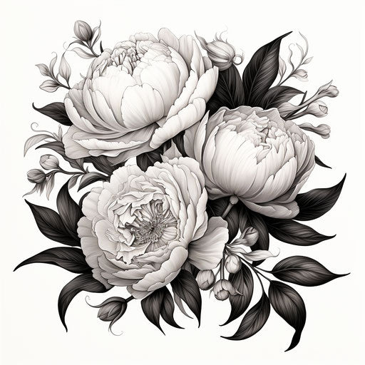 Black and white drawing of peonies, classic tattoo style