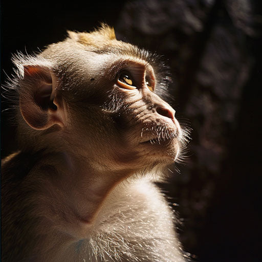 Rhesus monkey in a dramatic light and shadow composition